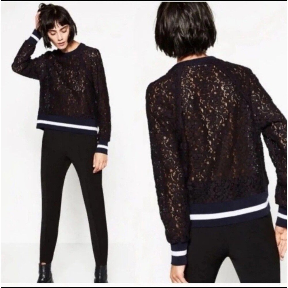 ZARA Black Lace Sporty Stripe Raglan Top Small Semi Sheer Boho Whimsigoth Edgy